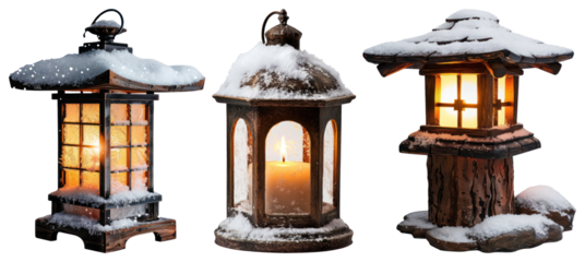 Snow-covered lanterns with candles