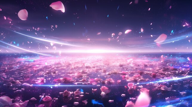 Wallpaper background illustration poster in light and shadow, flowers rose petals theme, Spring Valentine pink and purple, Korean KPop style