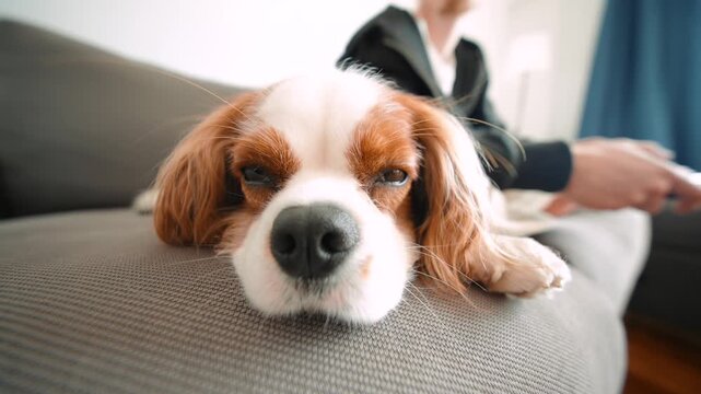 Closeup of dog on couch, Spaniell nose and eyes near owner