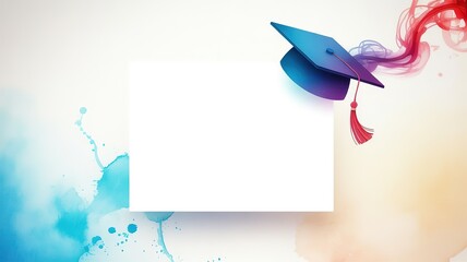 Colorful Graduation Cap on Abstract Watercolor Splash Background for Graduation Announcements Invitations and Celebrations Design Template