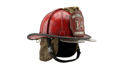 An old worn red firefighter helmet depicting safety and protection for emergency services personnel historically and currently