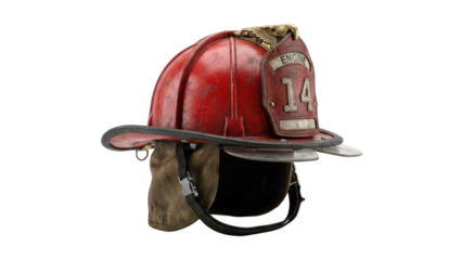 An old worn red firefighter helmet depicting safety and protection for emergency services personnel historically and currently