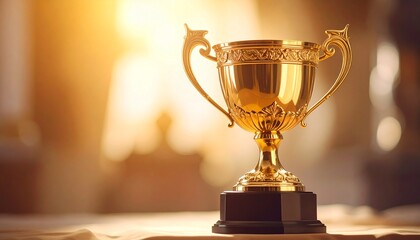 An elegant ornate gold trophy cup depicting achievement and success on a soft backgro