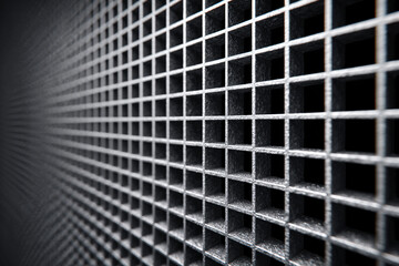 Three-dimensional metallic grid pattern receding into dark background, subtle technology or jail metaphor.