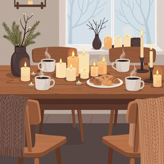 Cozy Christmas Table Setting with Candles and Tea Cups in a Warm Home Environment