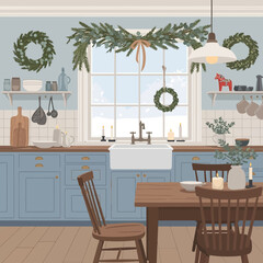 Cozy country kitchen decorated with festive holiday greenery and rustic charm