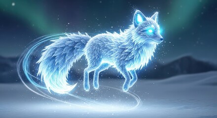 Obraz premium Luminescent arctic canine spirit floats across a snowy landscape under a faint aurora