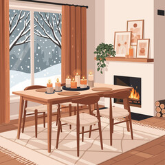 Cozy holiday winter scene with a warm fireplace and a decorated dining room with candles and snow