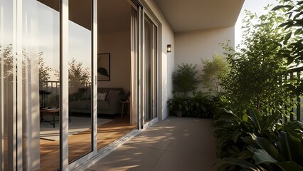 Modern apartment balcony design featuring expansive glass doors, lush green plants, and comfortable outdoor living space, ideal for urban relaxation and enjoyment