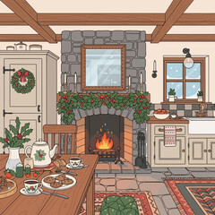 Naklejka premium Cozy kitchen interior with rustic stone fireplace decorated for the holiday season featuring warm