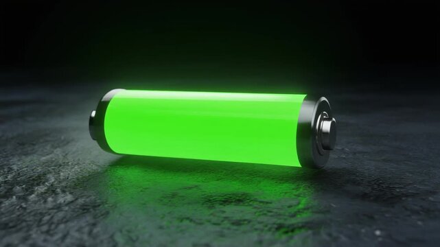 A glowing green battery on a textured surface, symbolizing energy and power, set against