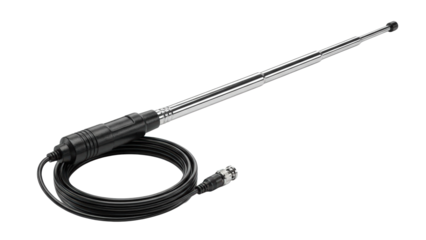 Adjustable telescoping radio antenna with black coaxial cable and connector for reliable wireless signal reception and broadcast