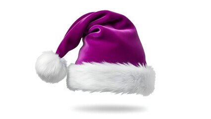 A vibrant purple Santa hat with a white fluffy trim and pom-pom, casting a soft shadow on a clean white background.
