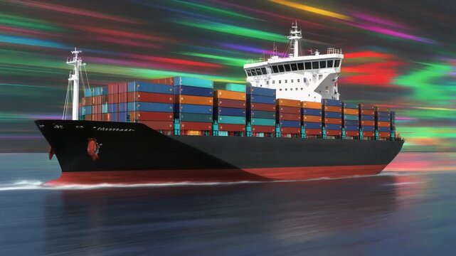 A digital illustration of a cargo ship depicted with vibrant colors and motion effects,