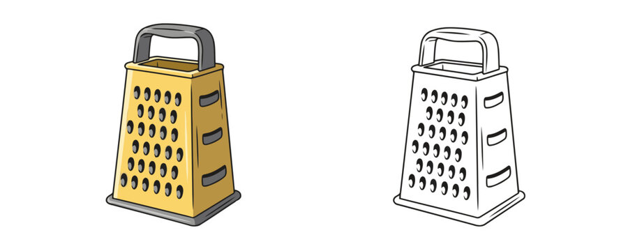 Stylized vector illustration of a four-sided box grater with a yellow metal body and a black outline drawing