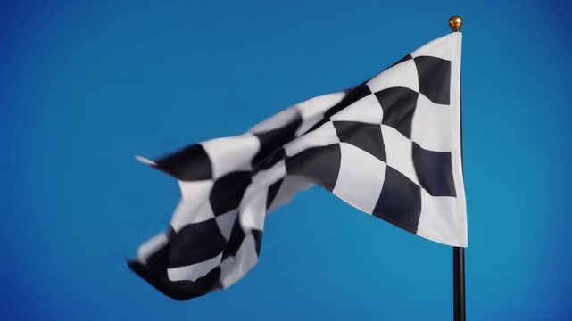 A checkered flag waving against a blue background, symbolizing the finish line in racing 