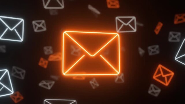 A stylized image of a glowing orange envelope surrounded by scattered envelopes, symbolizing