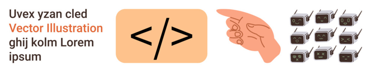 Technology, coding, communication, software development, digital connection, data devices. Visual of coding symbol, pointing hand grid of devices. Technology and coding concept