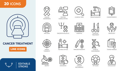 Cancer treatment line editable icon set. Editable stroke. Vector illustration