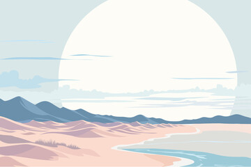 Pastel coastal landscape with pink sand dunes, blue mountains and calm sea under giant rising sun, modern flat vector illustration of dreamy beach scenery, serenity and summer travel concept. © Snezana