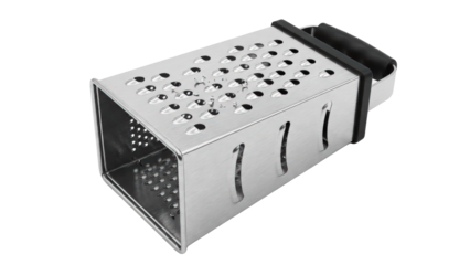 Stainless steel box grater kitchen utensil for food preparation and cooking isolated on a dark background