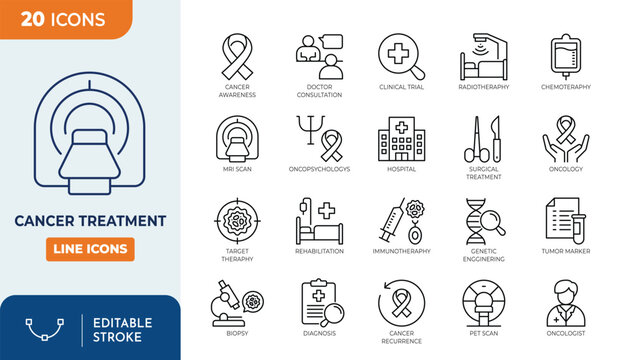 Cancer treatment line editable icon set. Editable stroke. Vector illustration