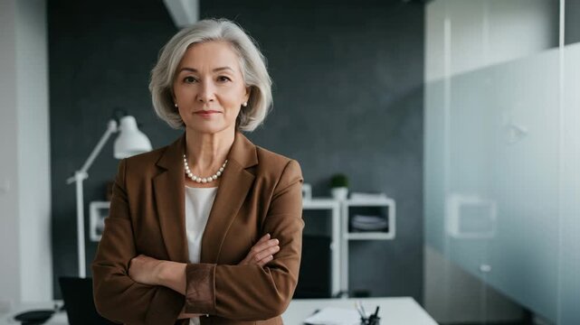 Confident Businesswoman Standing with Crossed Arms in Modern Office Setting