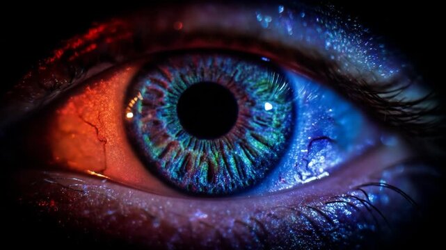 Close up of human eye with colorful red and blue light effects