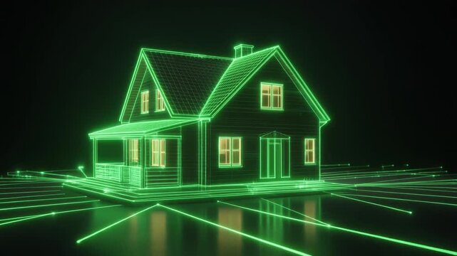A model house illuminated by glowing green lines against a dark background, representing