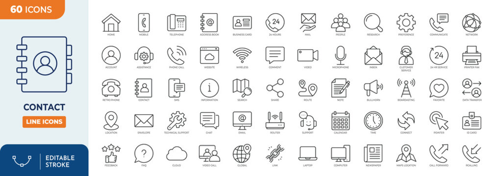 Contact line editable icon set. Contain icons related to support, chat, message, address, info, and more. Editable stroke. Vector illustration