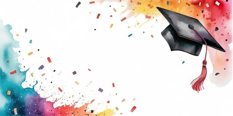 Colorful Watercolor Graduation Cap Illustration with Confetti and Festive Elements Perfect for Celebration Invitations Announcements and Congratulatory Designs