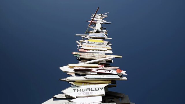 Totem Pole Signpost Pointing to World Destinations, Stanley, Falkland Islands (Islas Malvinas) - 4K