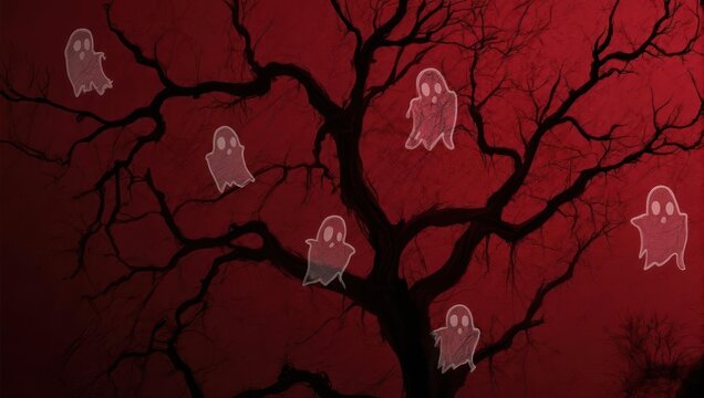 Spooky Tree with Ghosts in Red Hues, Halloween Illustration.