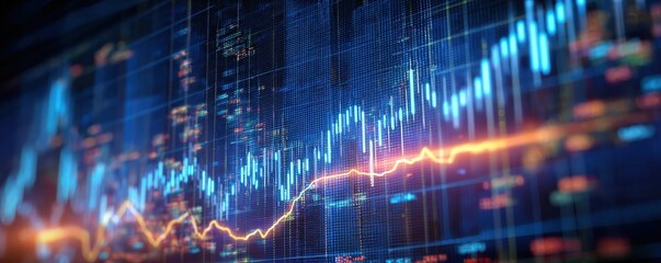 A dynamic digital graph displaying fluctuating financial data with vibrant blue and orange lines, representing market trends and analytics.