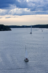 Yachts with white sails on a wide area of ​​water. A summer day on the Baltic Sea bay near Stockholm, Sweden.