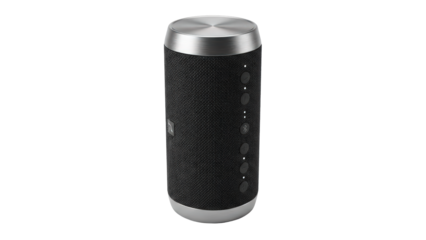 Modern sleek black textured metallic cylindrical control knob for electronic devices isolated on a dark background