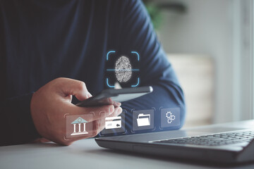 Biometric Security System. Authentication by fingerprint scan concept. Digital connection, data protection. Businessman scan fingerprint with a mobile smartphone to unlock and access personal data.