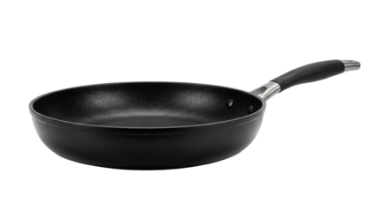 Modern black non-stick frying pan for daily cooking tasks kitchen essential isolated on black background