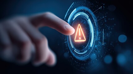 A futuristic hand interacts with a digital interface displaying a warning symbol, emphasizing technology and caution in a high-tech environment.