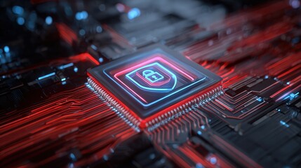 A futuristic microchip with a security symbol illuminated, surrounded by intricate circuitry in vibrant red and blue tones.