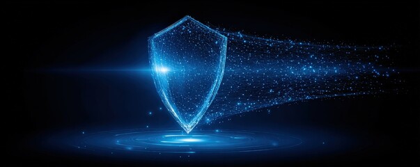A glowing blue digital shield surrounded by particles, symbolizing protection and cybersecurity in a futuristic setting.