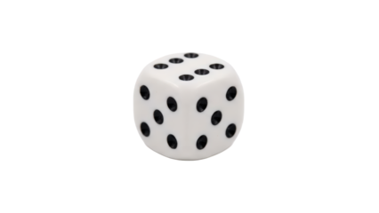 A single white six-sided die with black pips representing games chance luck gambling and strategic decisions