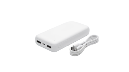 White portable power bank and charging cable accessory for mobile phones isolated on a black background