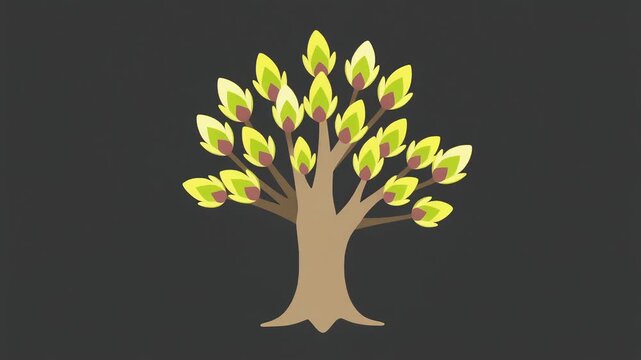 Flat 2D animation of a tree sprouting fresh green buds, symbolizing spring growth and new beginnings.