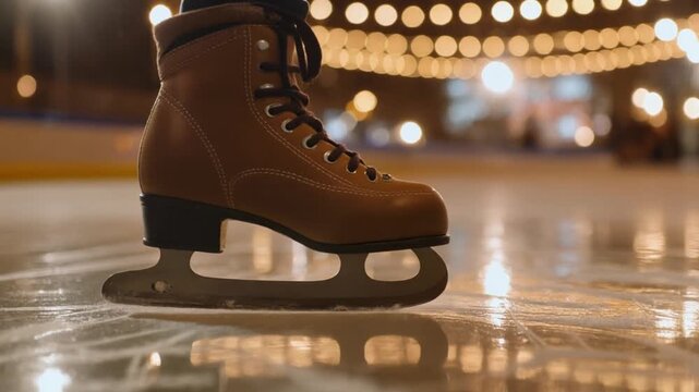 A close-up of a brown ice skate on a shimmering frozen surface, surrounded by warm lights 