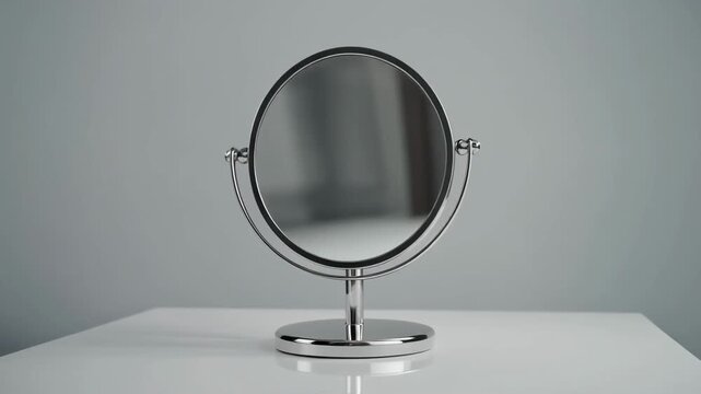 Video 4k Captivating close-up of a sleek, chrome-framed table mirror, perfectly reflecting its environment with pristine clarity, symbolizing self-reflection and modern elegance