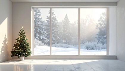 Cozy indoor Christmas tree with snowy winter landscape visible through large window, festive holiday scene creating warm seasonal atmosphere and joyful winter charm at home