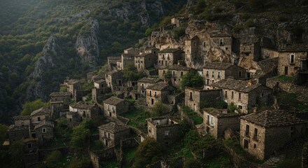 Obraz premium Abandoned Stone Village Clinging to a Steep Mountain Slope