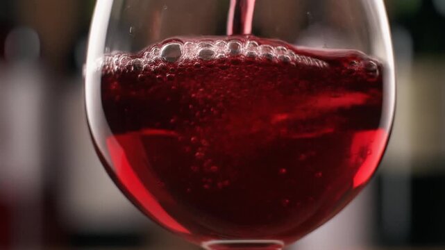 A close-up image of red wine being poured into a glass, showcasing the swirling liquid