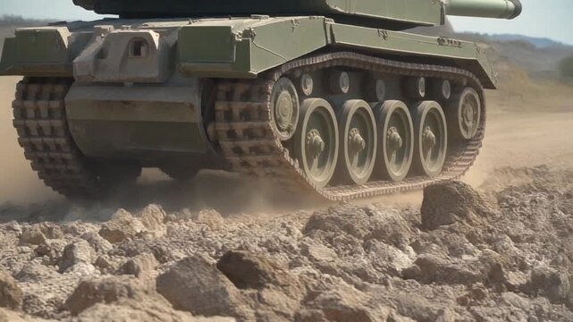 A close-up view of a military tank-s tread on rocky terrain, highlighting its robust design 
